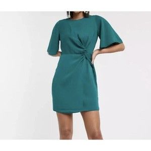 ASOS Design Twist Front Mini Dress Angel Sleeves In Antique Green Size 8 New